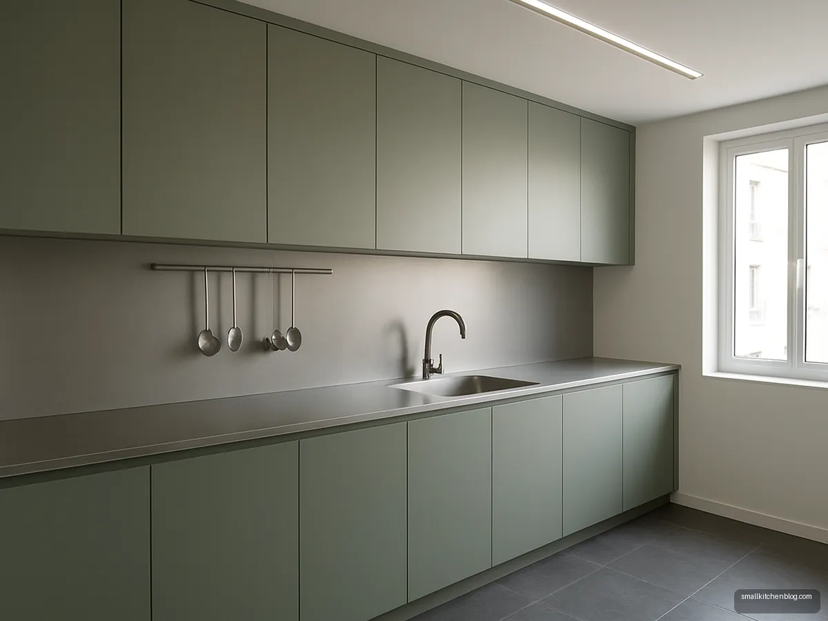 Slate green kitchen with brushed stainless steel counter