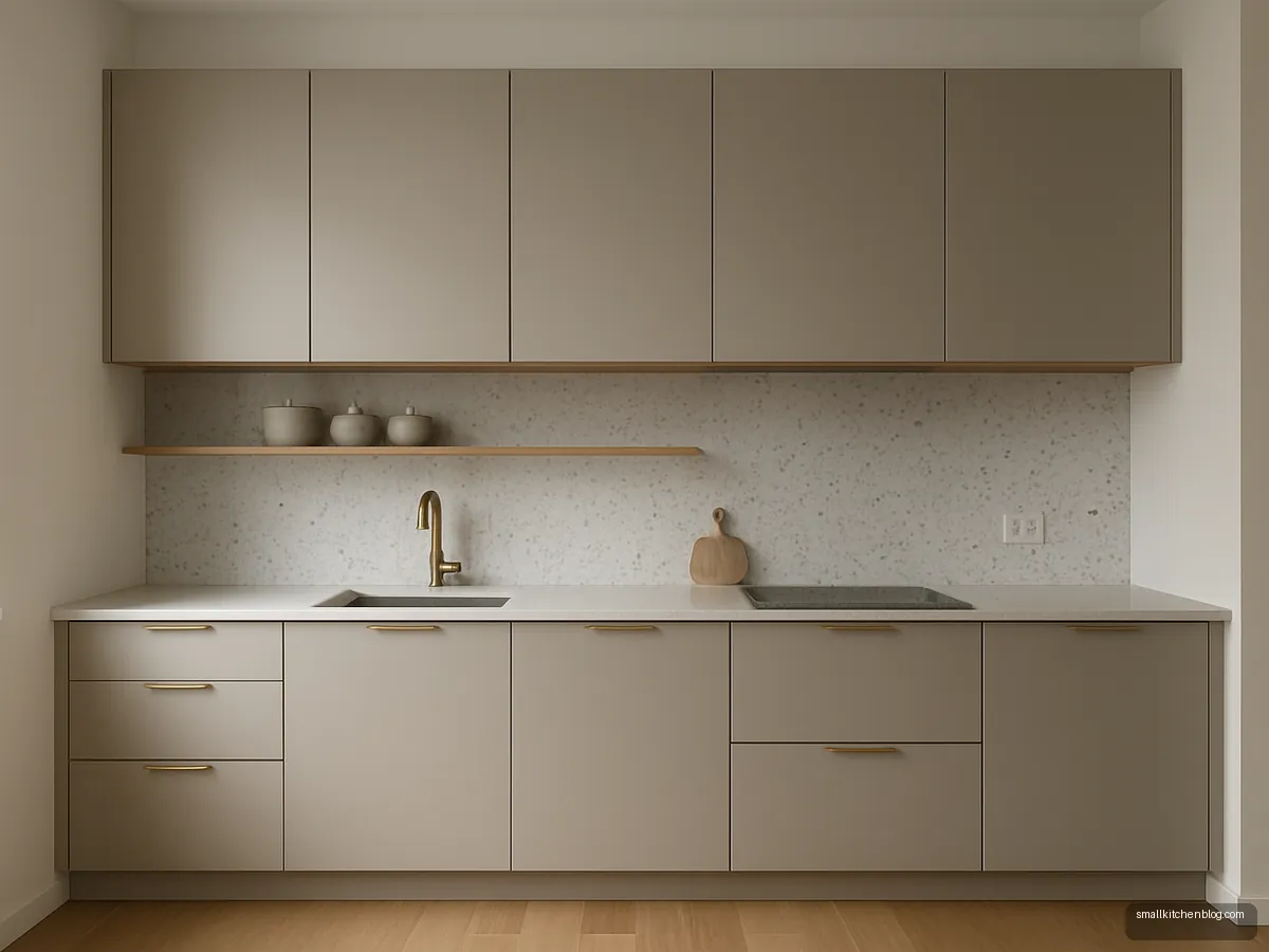 Greige straight kitchen with terrazzo-look backsplash