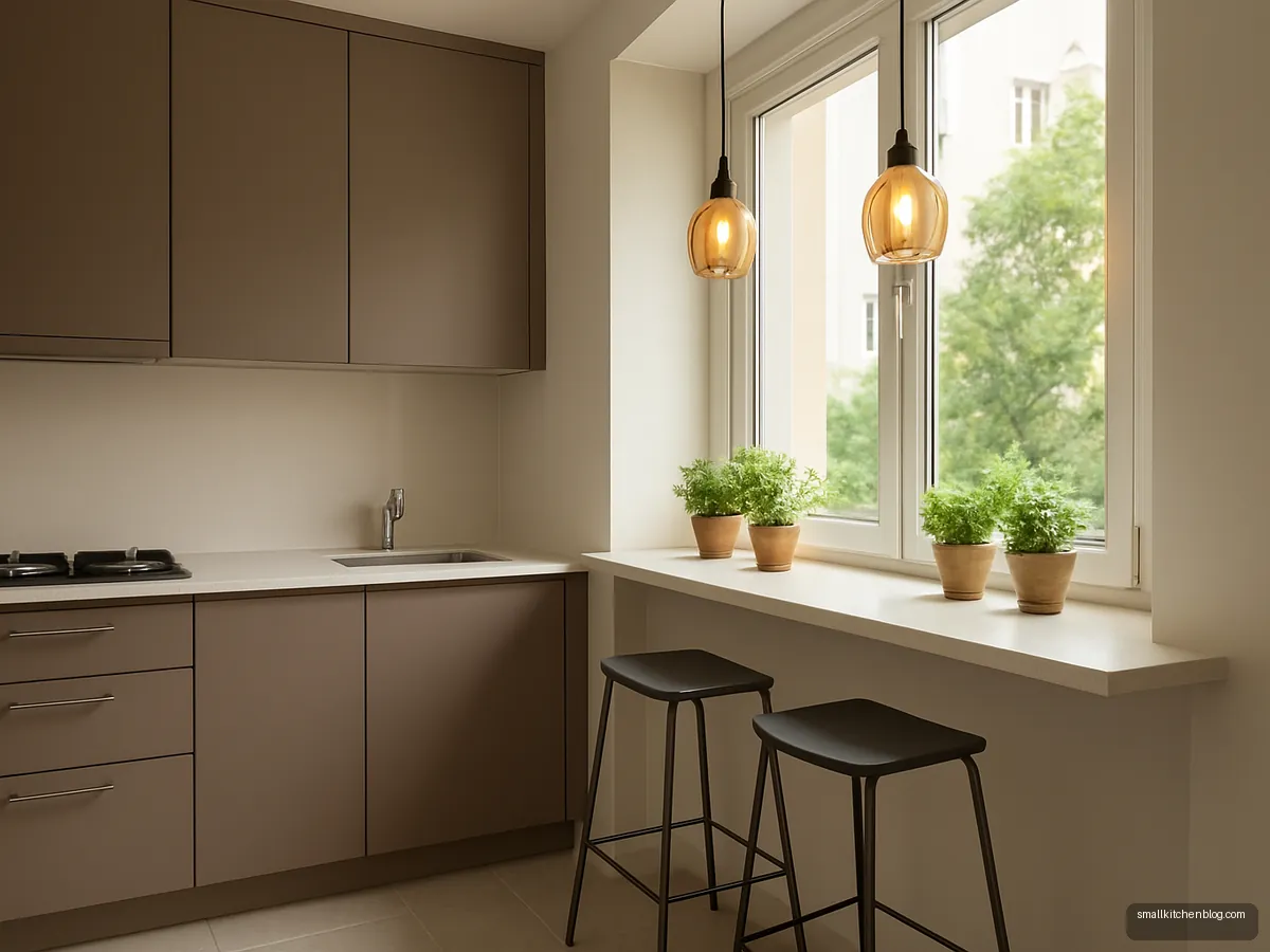 Taupe modern kitchen with a breakfast ledge by the window