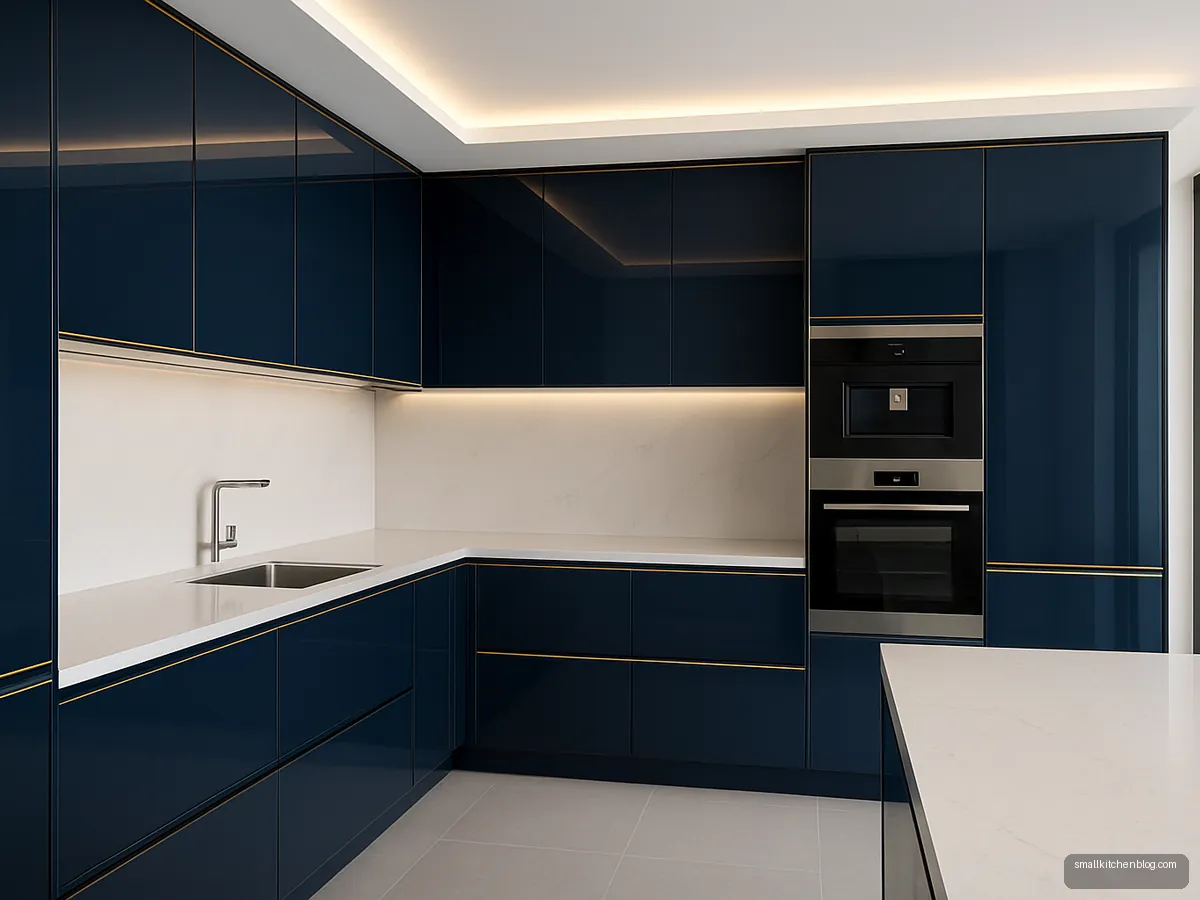 Navy gloss kitchen with gold handle profiles