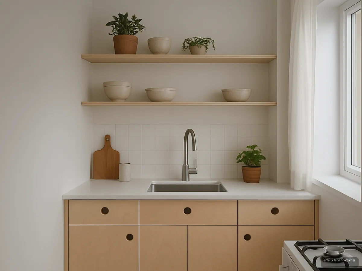 Scandinavian birch plywood kitchen with open shelves