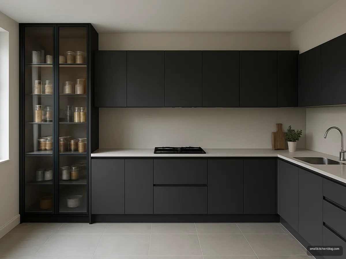 Anthracite kitchen with smoked glass tall pantry