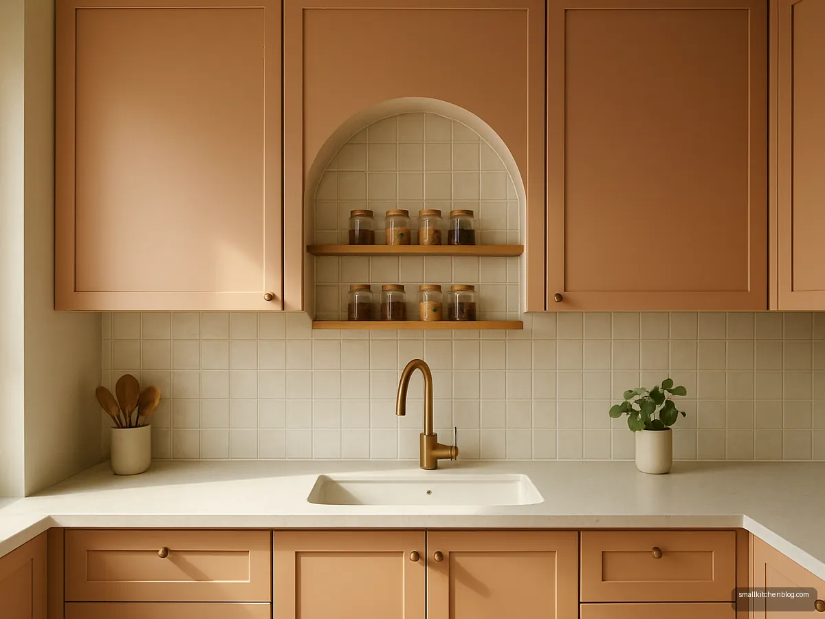 Peach matte kitchen with arched open niche for spices