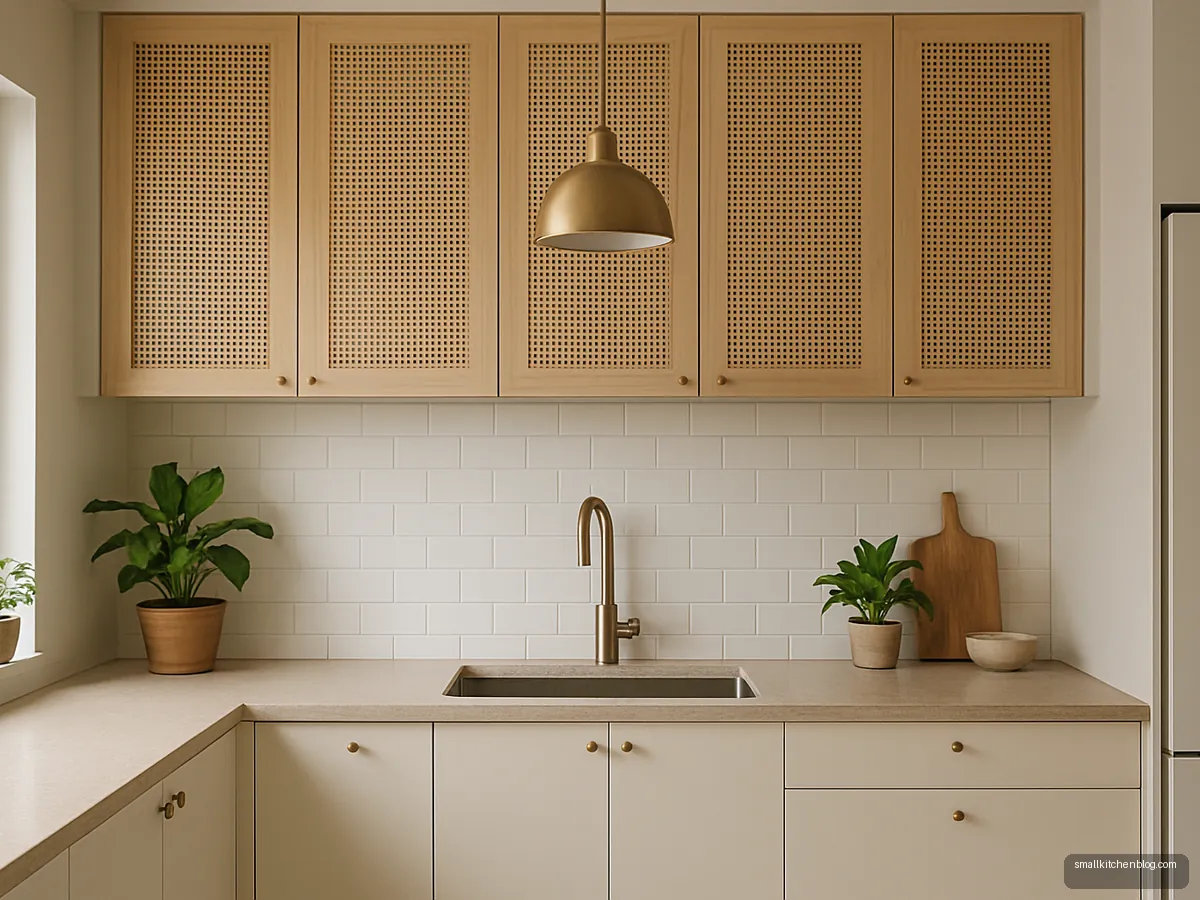 Ivory modern kitchen with cane panel upper cabinets