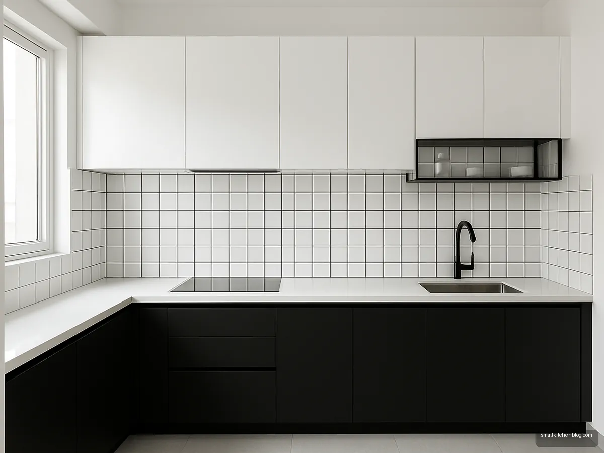 Black and white modern kitchen with grid tiles