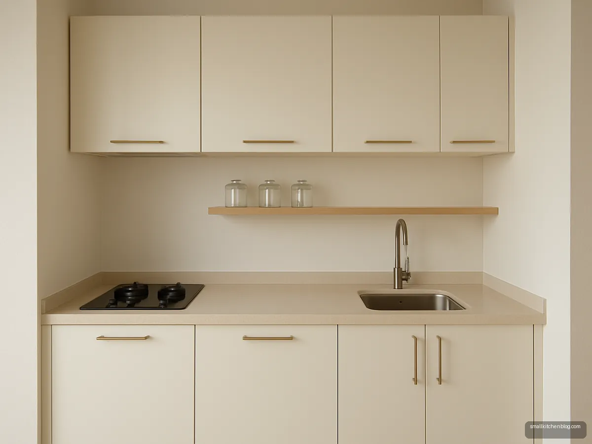 Ivory straight modular kitchen along one wall of a studio flat