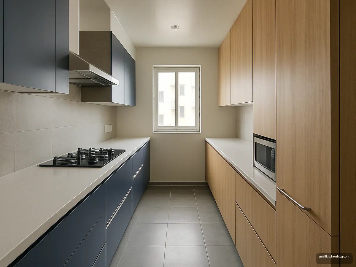 Navy and oak parallel galley modular kitchen with window at the end