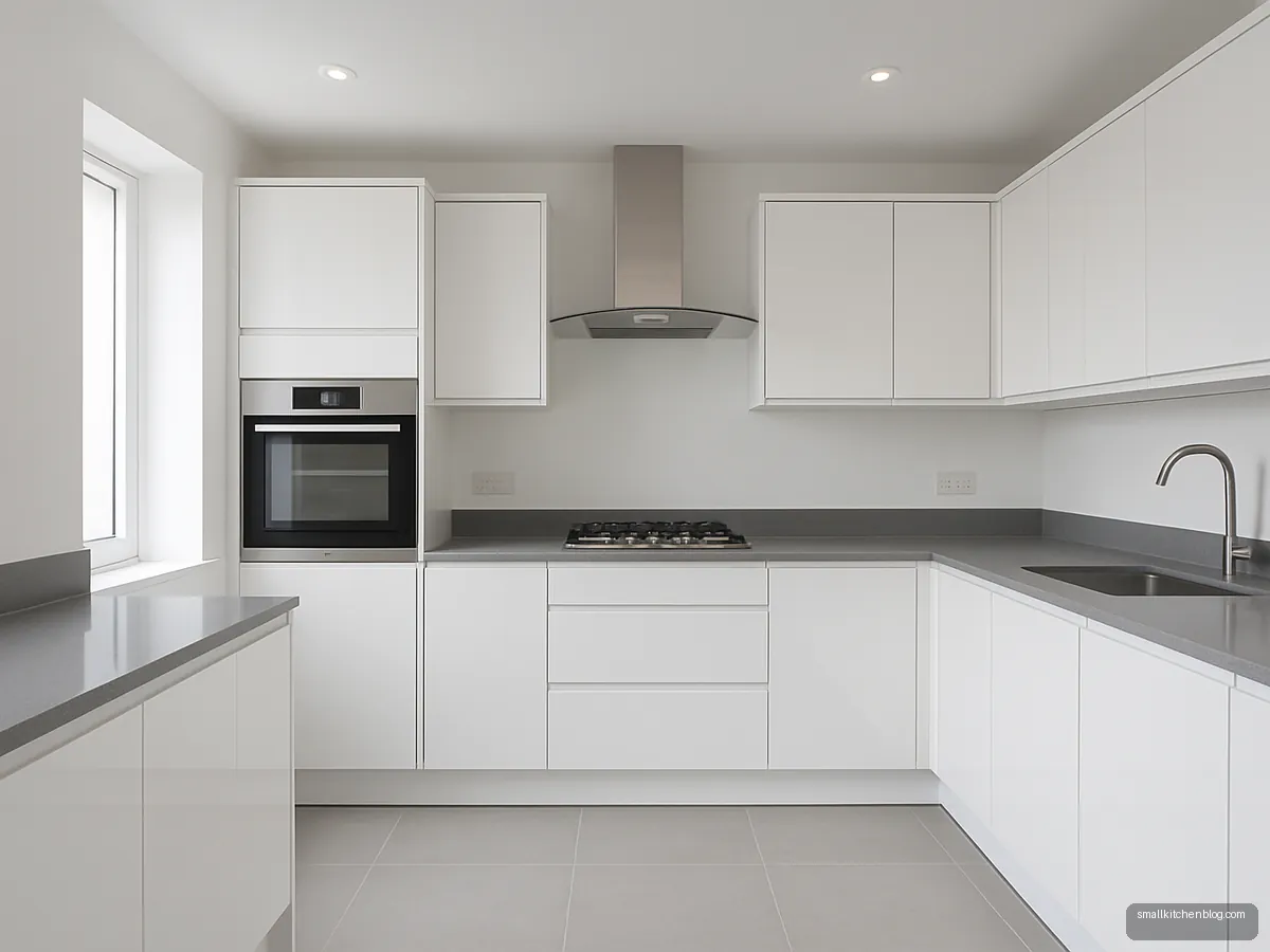 Glossy white acrylic modular kitchen with grey quartz countertop