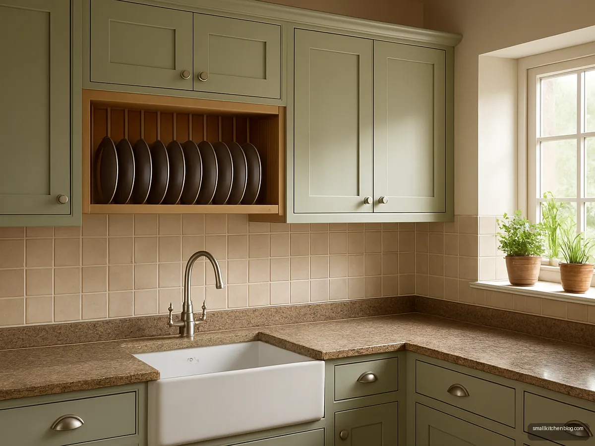 Sage green shaker modular kitchen with open plate rack
