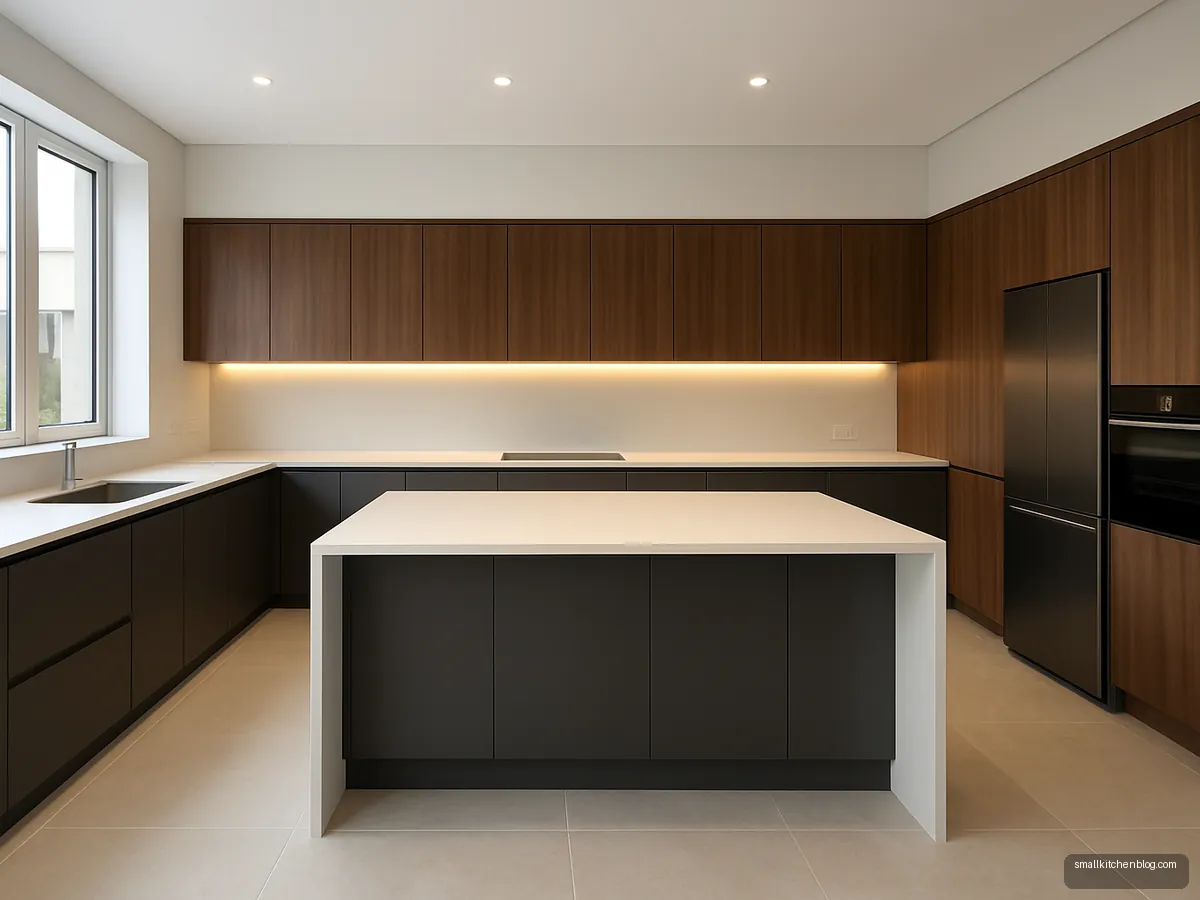 Charcoal and walnut modular kitchen with integrated tall appliances