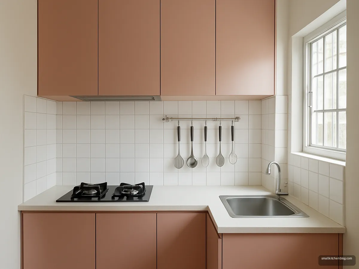 Small pastel pink modular kitchen with white tiles