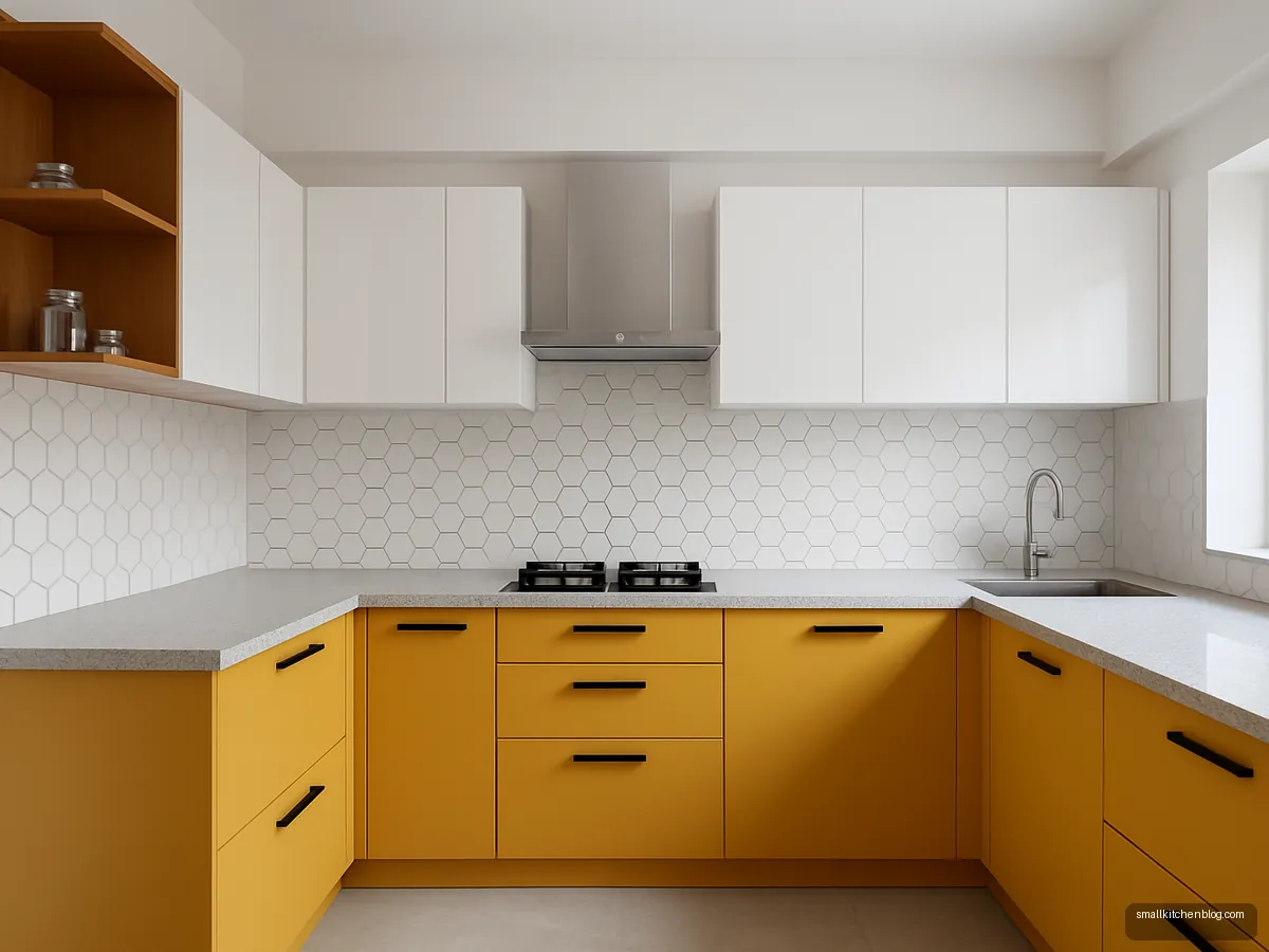 Mustard and white two-tone modular kitchen