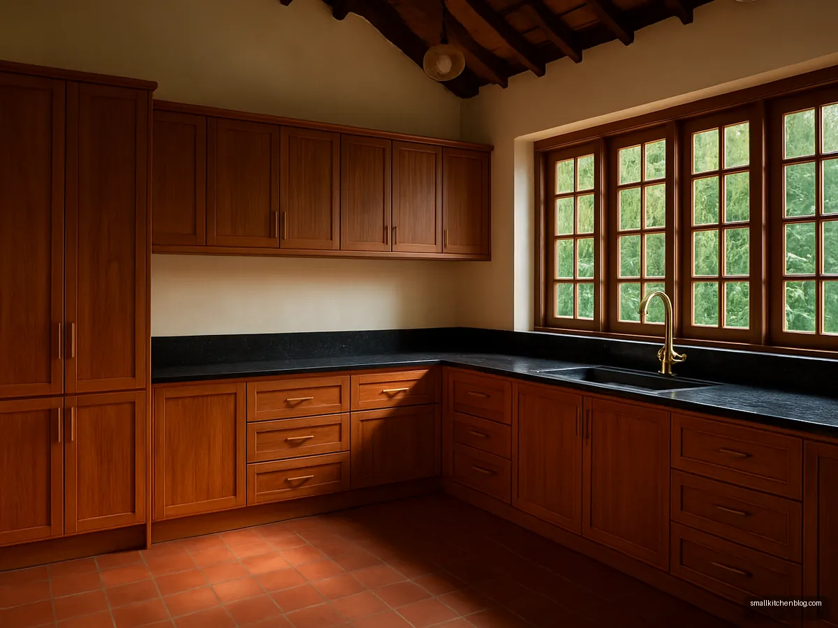 Teak veneer modular kitchen in a traditional bungalow