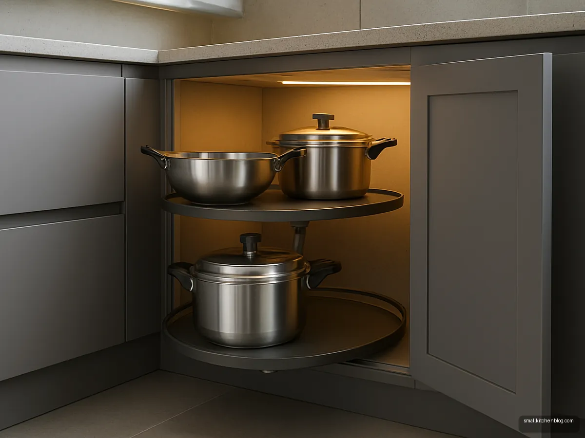 Grey modular kitchen corner with rotating carousel storage