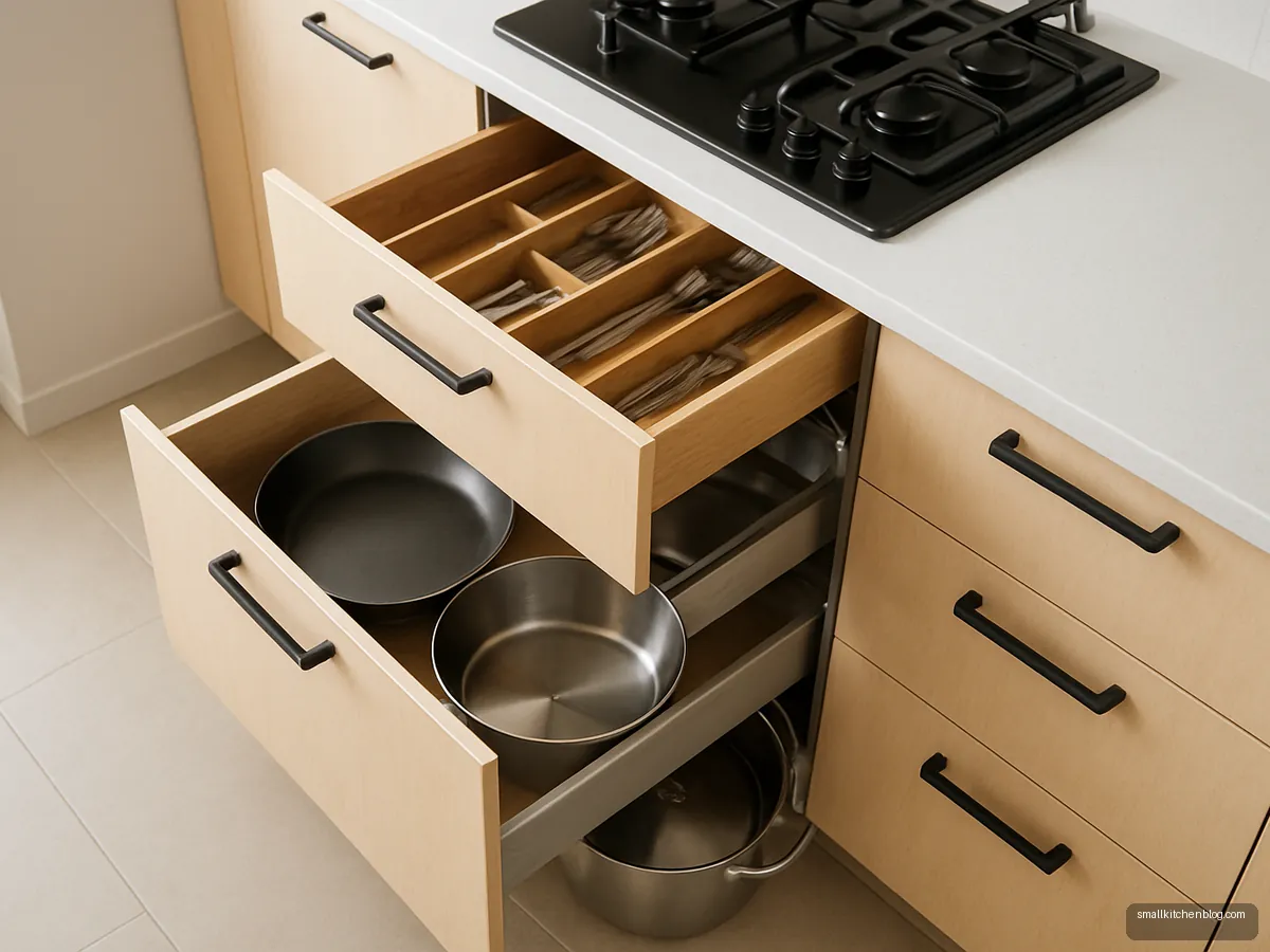 Open deep drawers under the hob holding Indian cookware