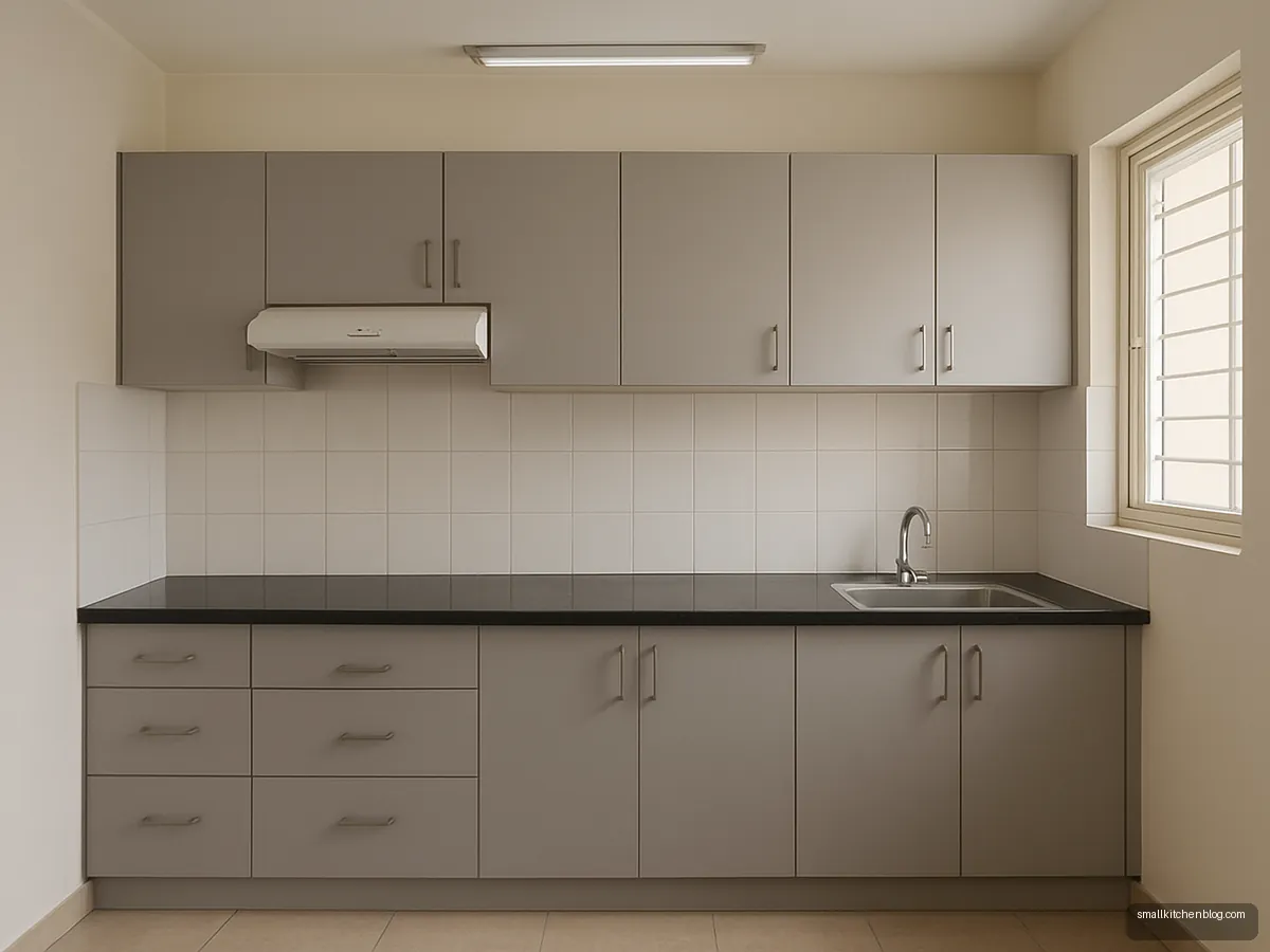Light grey budget laminate modular kitchen in a 1BHK flat