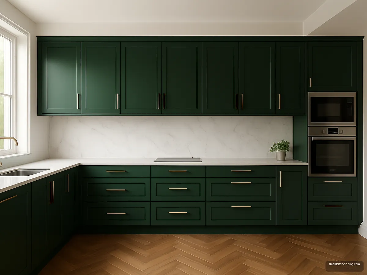Forest green PU finish modular kitchen with brass handles