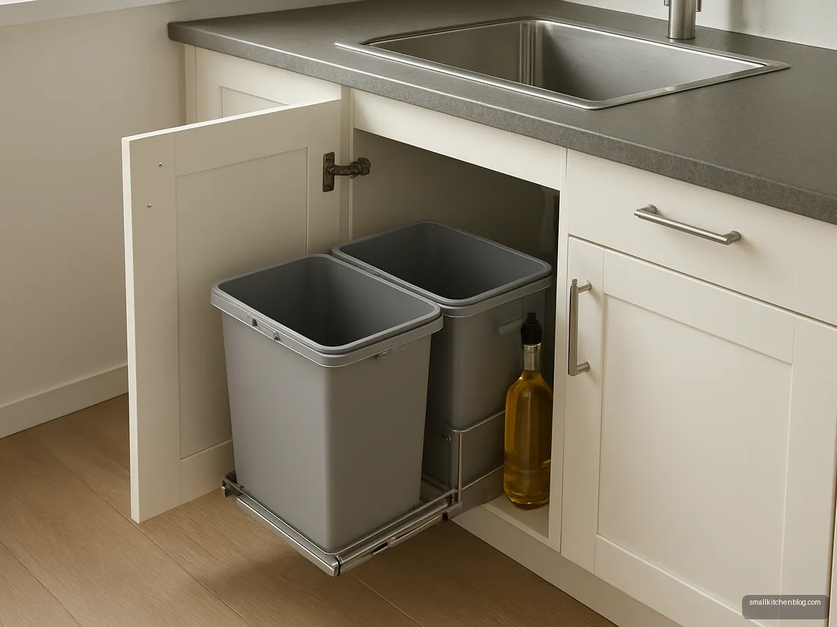 Pull-out bin unit and slim bottle pull-out in a modular kitchen