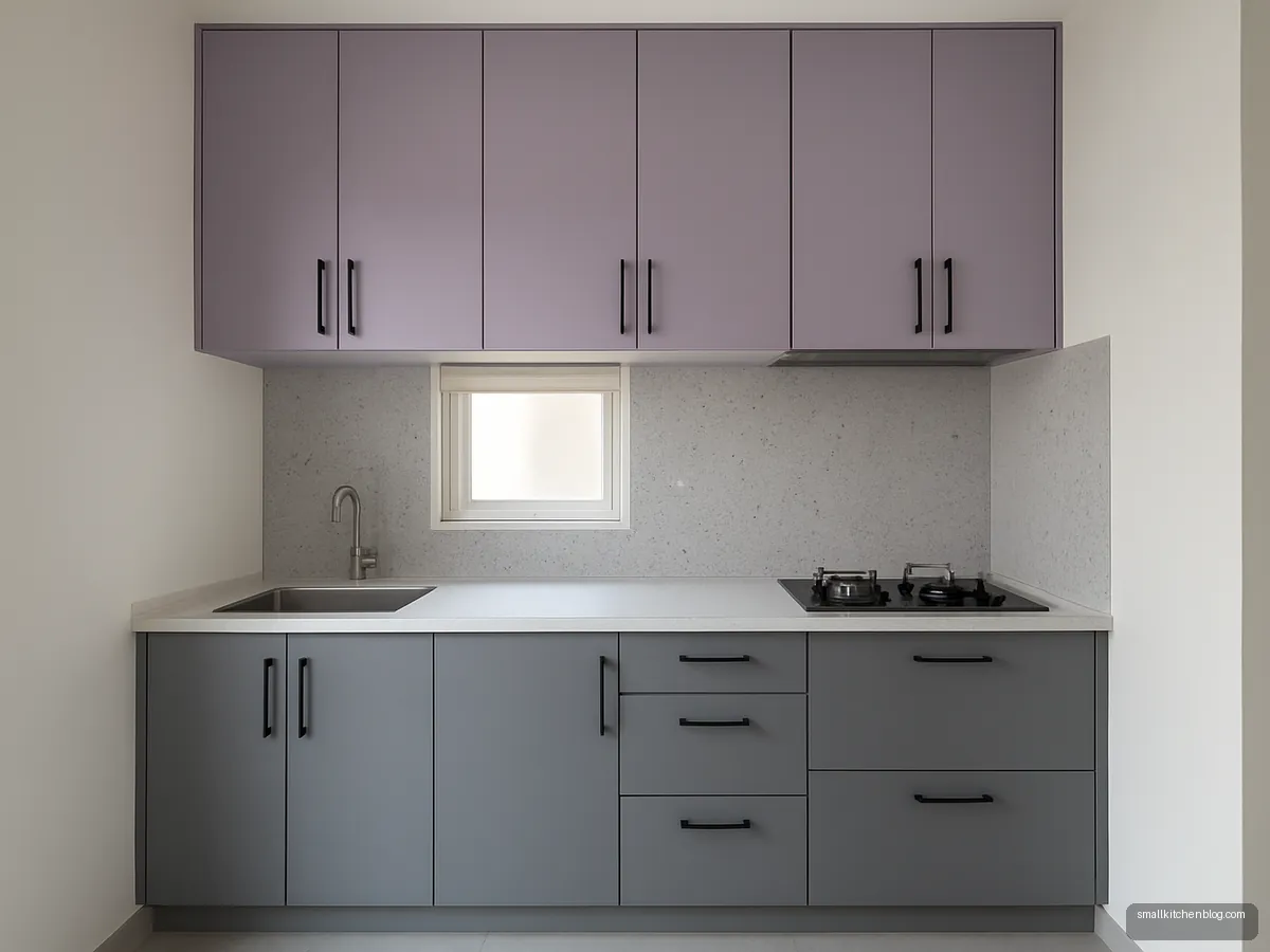Lavender and grey modular kitchen in a small parallel layout