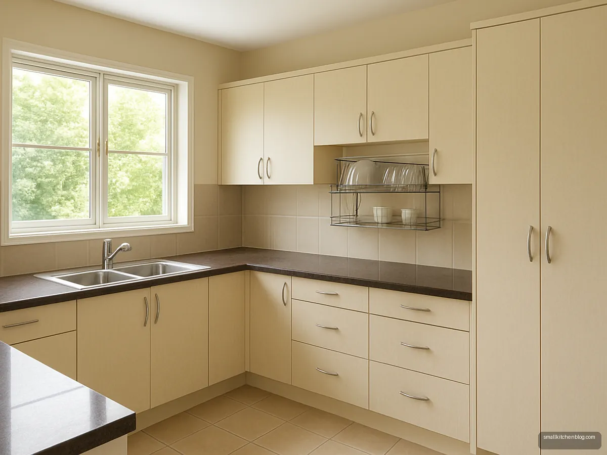 Large modular kitchen with double steel sink under a window