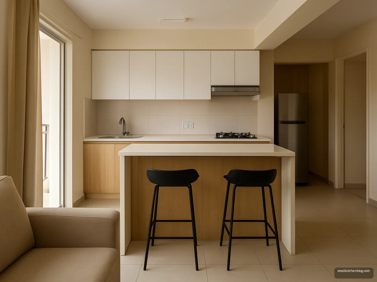 Open kitchen in a hall with raised breakfast counter and stools