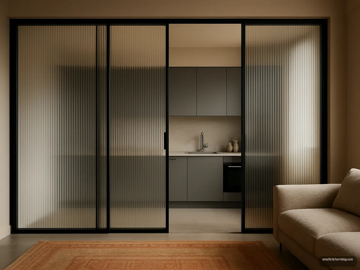 Fluted glass sliding partition between kitchen and living room