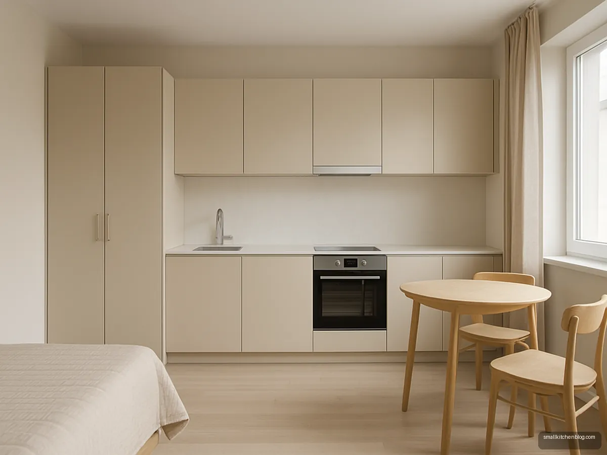 Open wall kitchen in a studio apartment matching the wardrobe