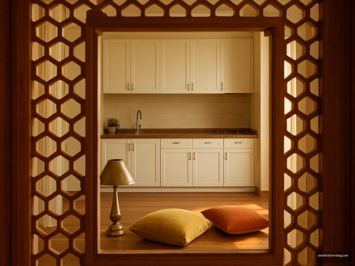 Wooden jaali partition screening an open kitchen