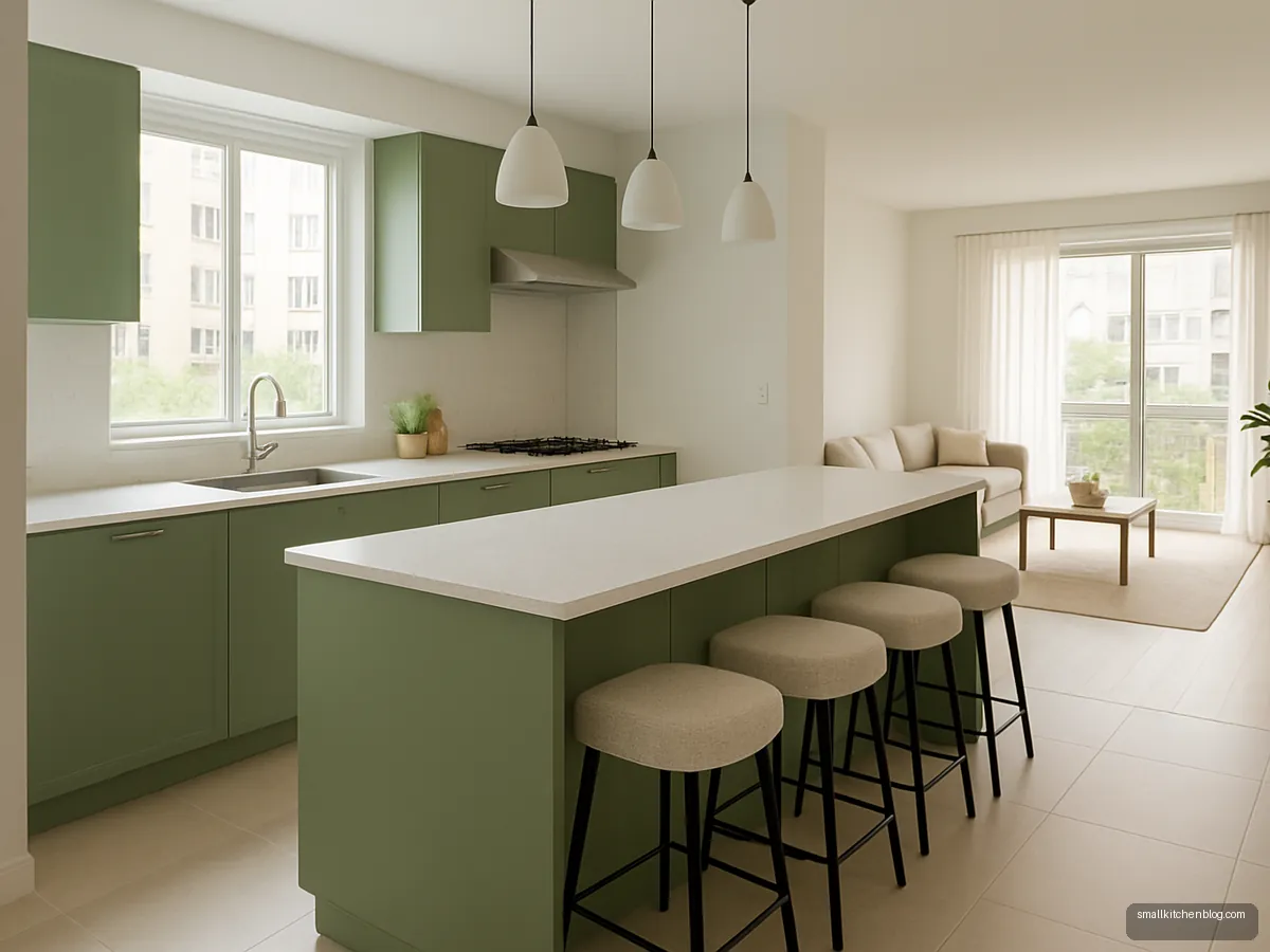 Sage green open kitchen with peninsula dining nook