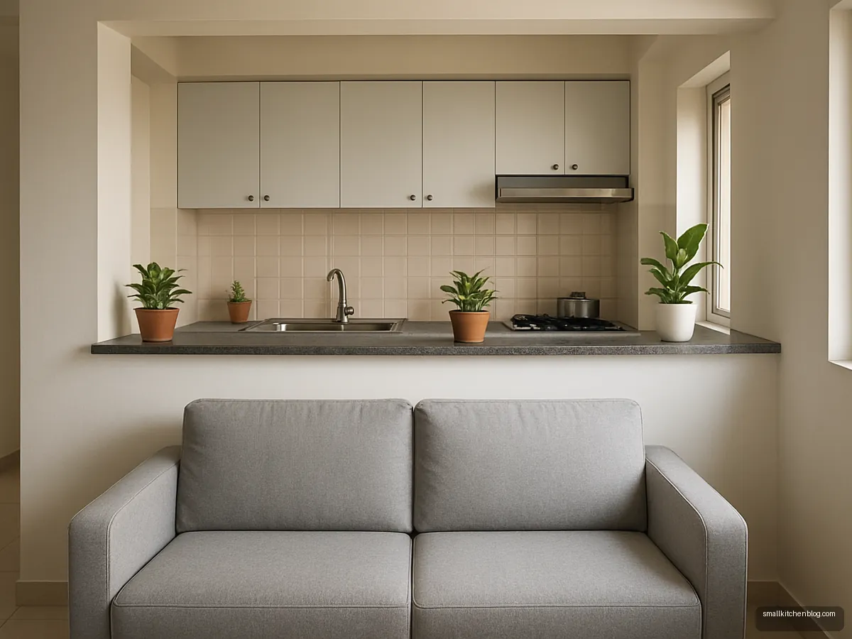 Half wall with plant ledge separating a small open kitchen
