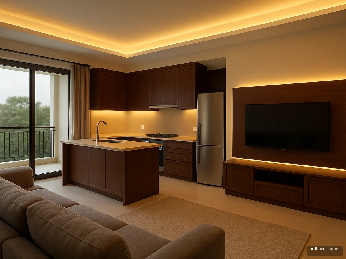 Walnut open kitchen matching the living room TV unit