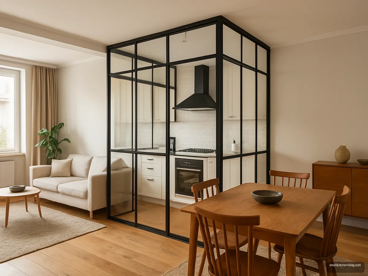 Glass-enclosed kitchen box with black steel frames