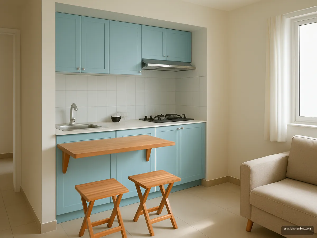 Compact pastel blue open kitchen with fold-down bar table