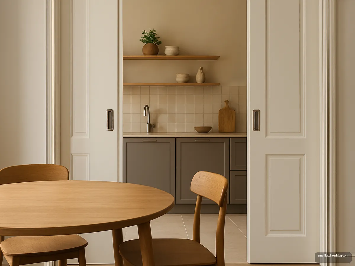 Open kitchen with half-closed white pocket sliding doors