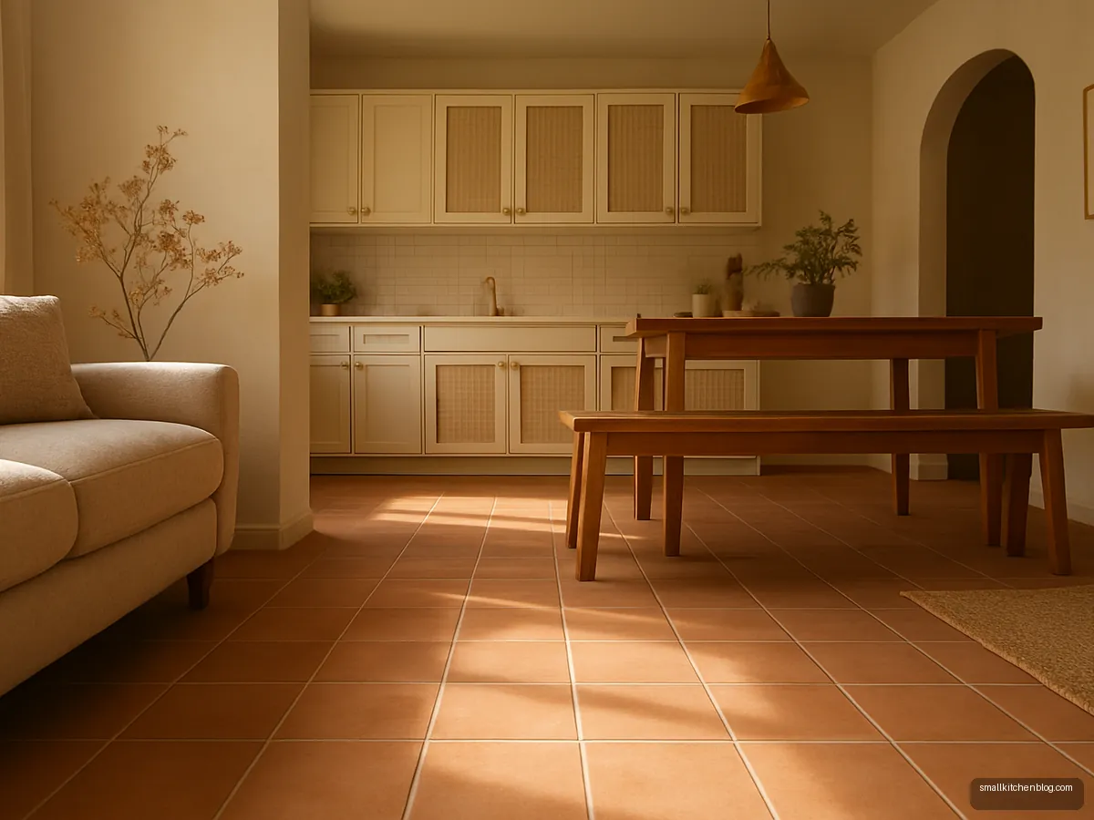 Terracotta floor running from living room into an open kitchen