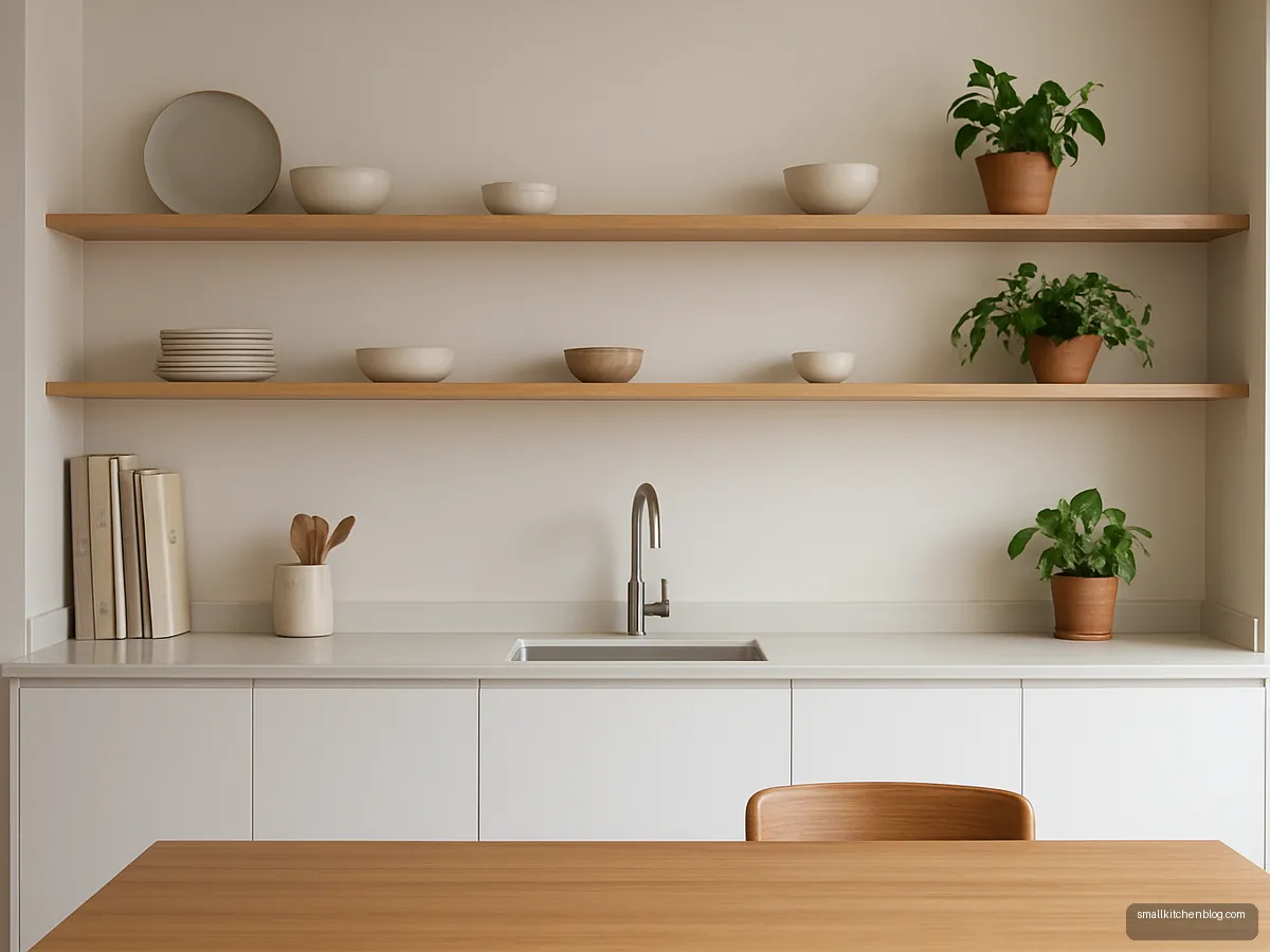 Open kitchen front wall with wooden display shelves