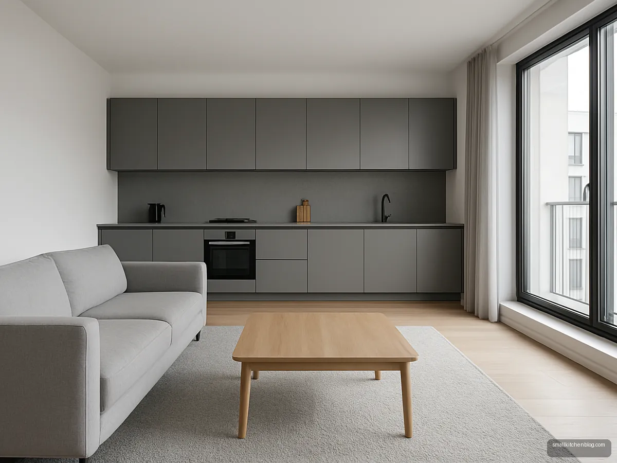 Monochrome grey open plan kitchen and living room