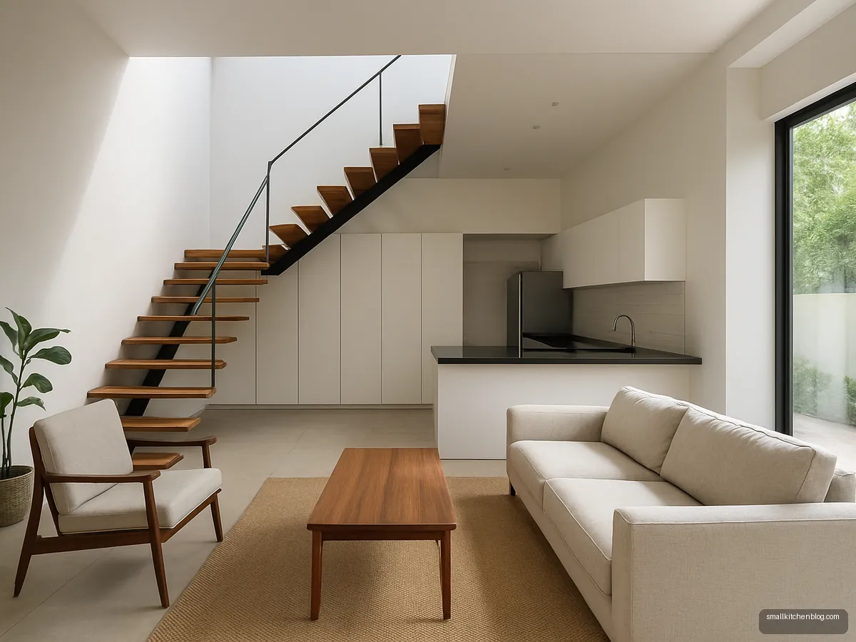 Duplex open kitchen beside a floating staircase