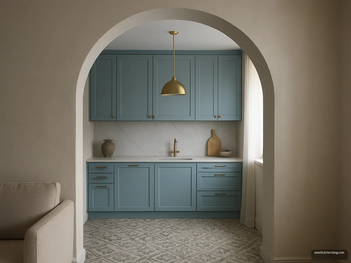 Wide arched opening into a powder blue kitchen