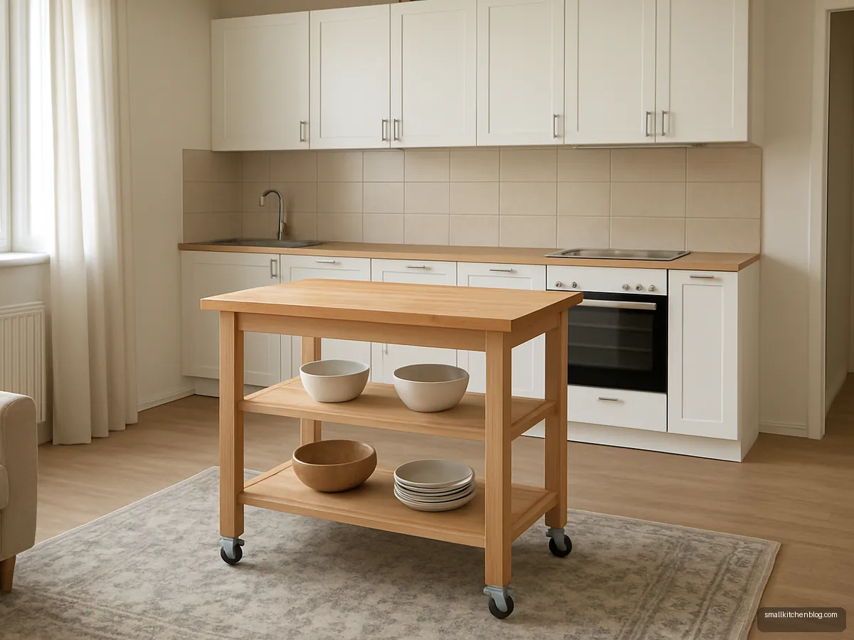 Movable wooden island trolley in an open kitchen