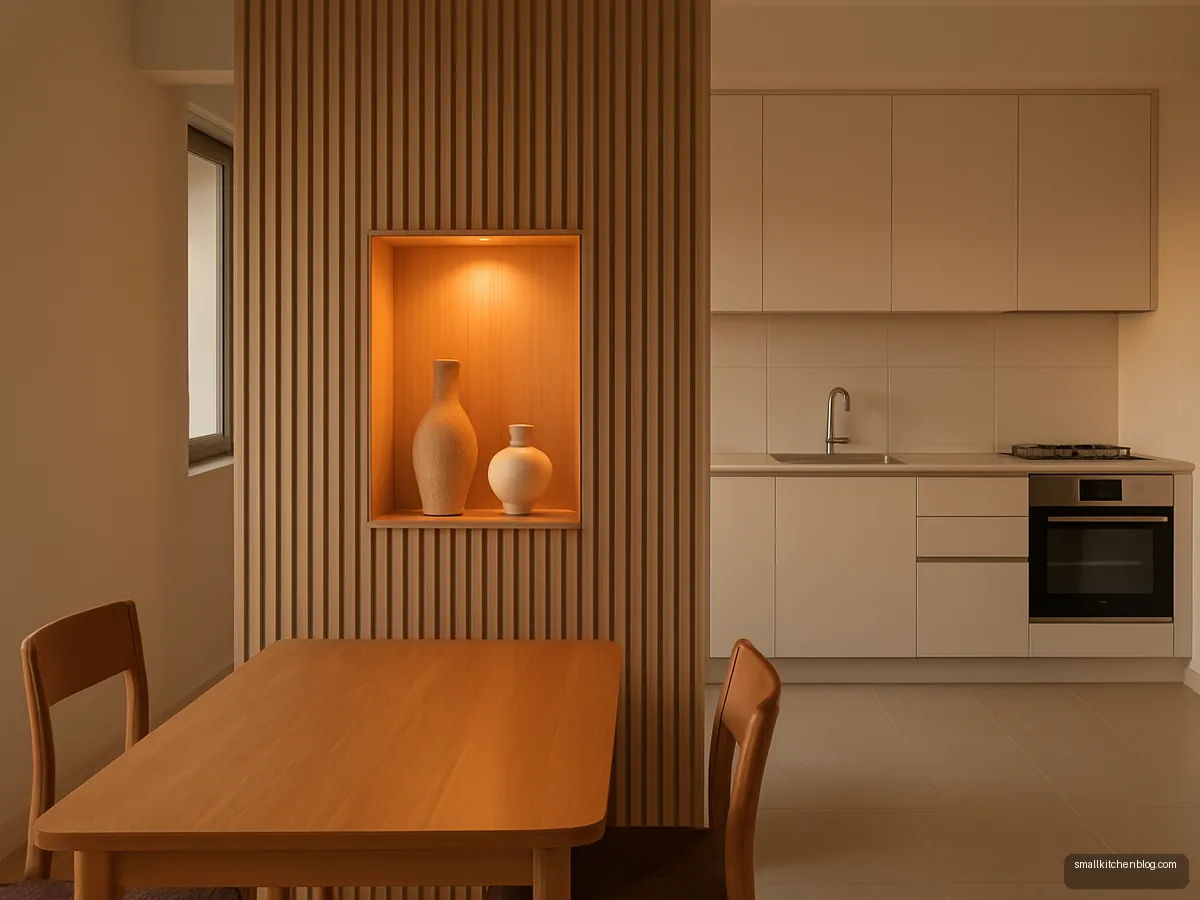 Ribbed wooden partition with display niche beside an open kitchen