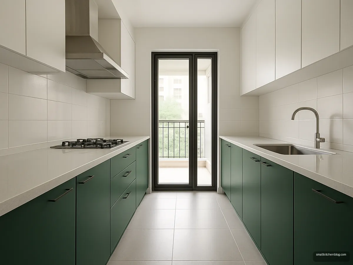 Green parallel kitchen leading to a utility balcony door