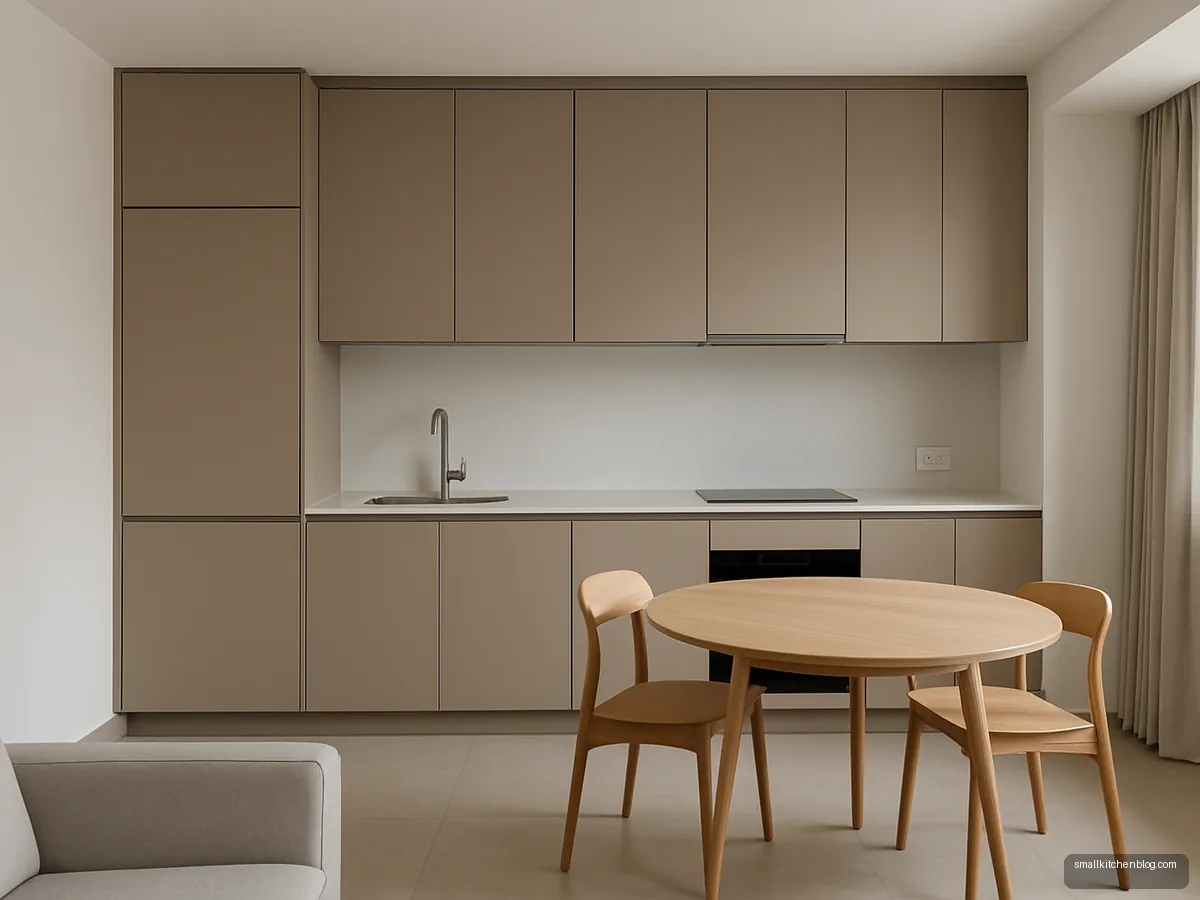 Greige one-wall kitchen along a dining hall wall