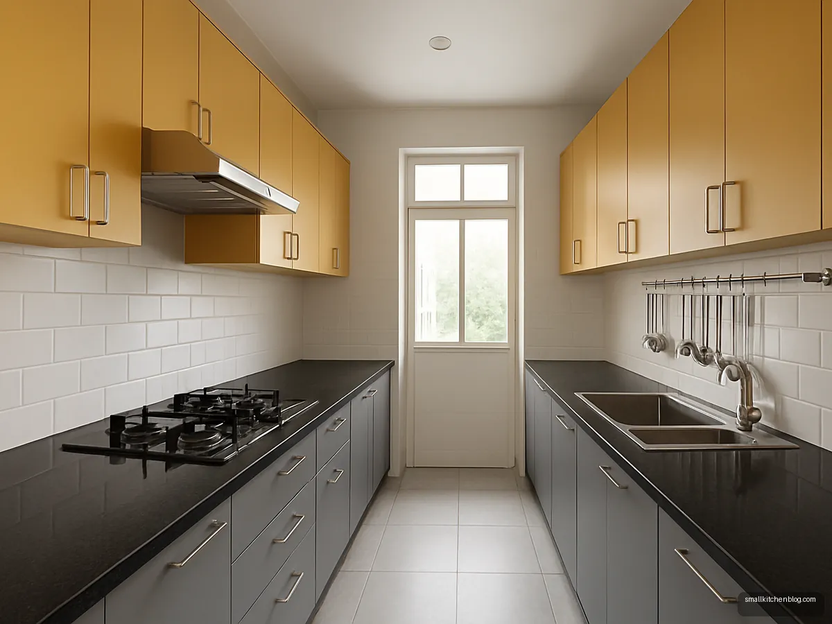 Mustard and grey two-sided galley kitchen