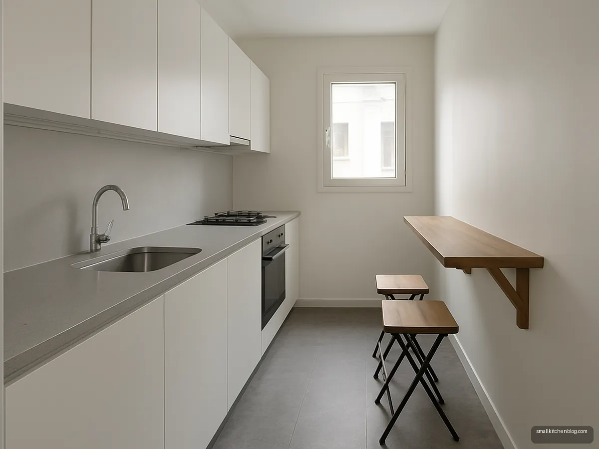 White one-wall kitchen with a fold-down breakfast ledge opposite