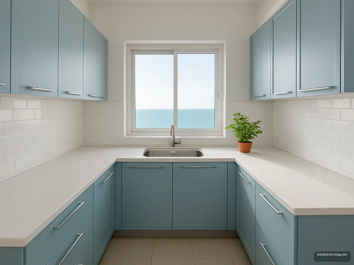 Powder blue galley kitchen with sink below a large window