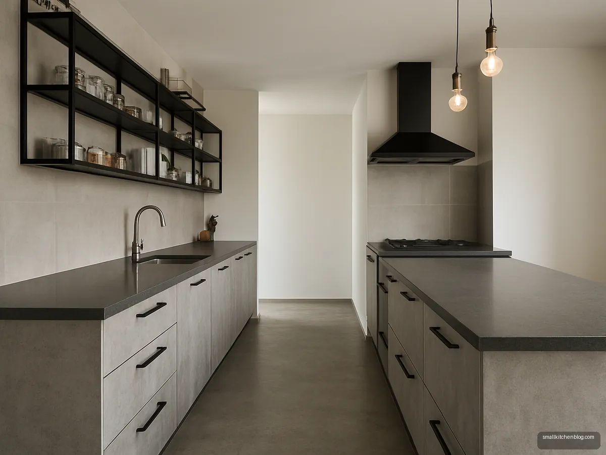 Concrete grey galley kitchen with black metal open shelves