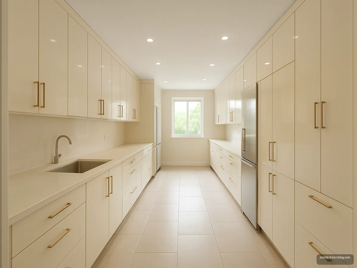 Cream gloss galley with tall units at both ends