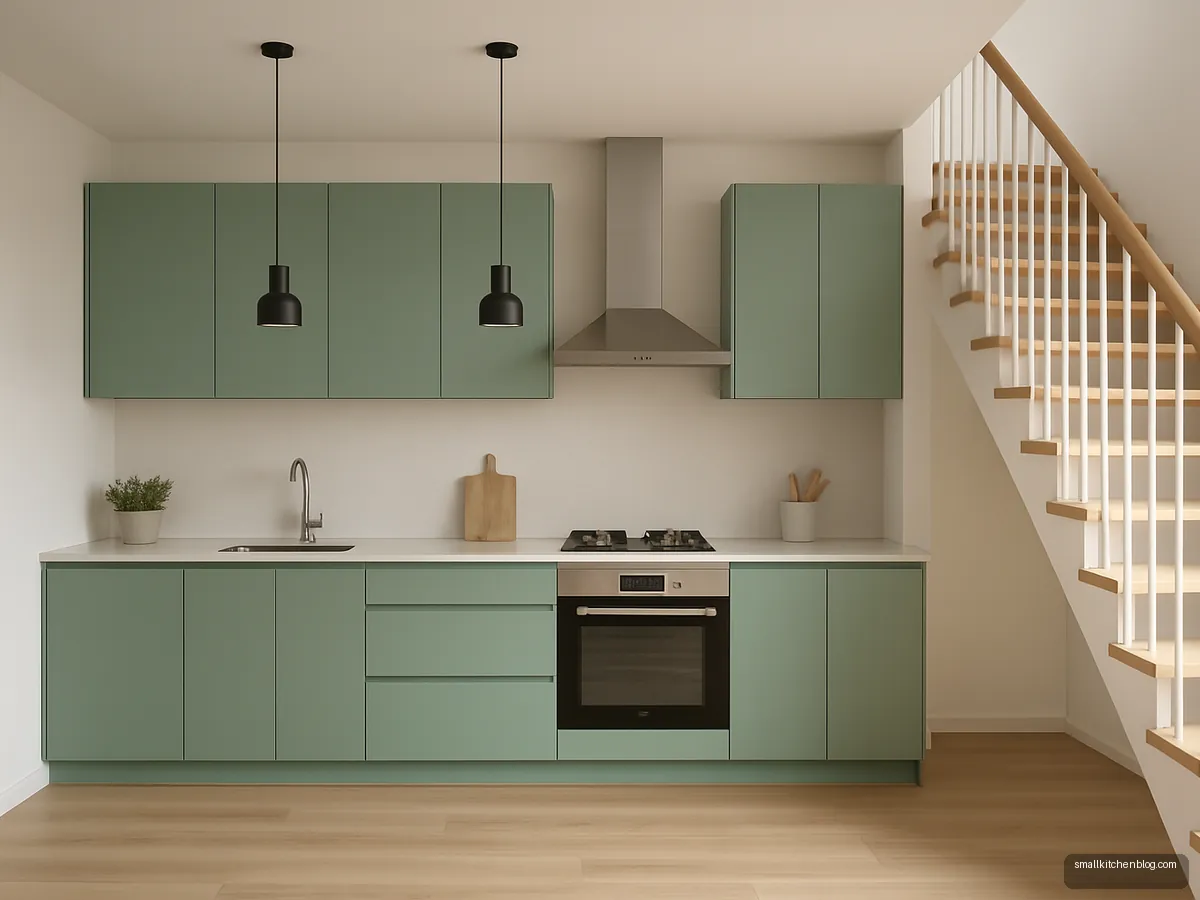 Sea green straight kitchen next to an indoor staircase