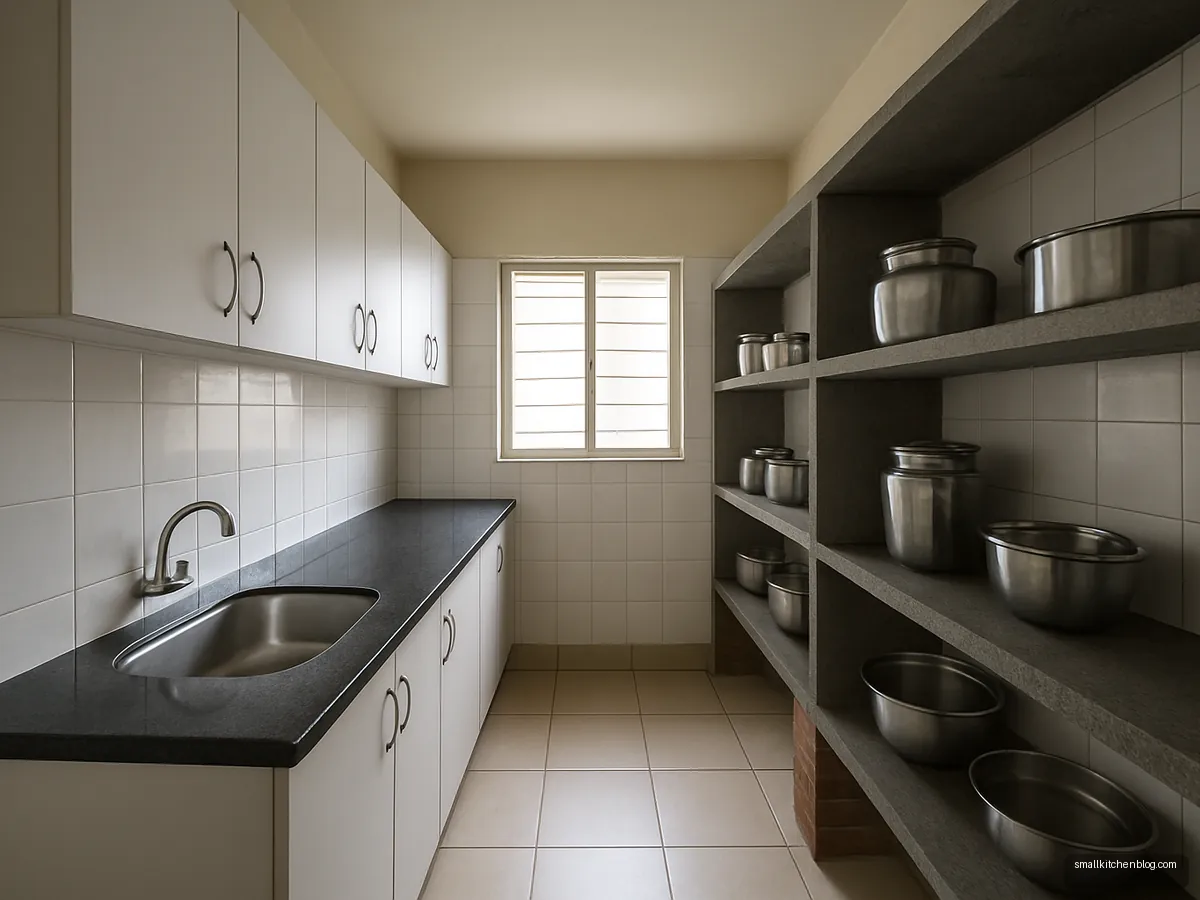 Budget galley with one run of open granite shelves and steel vessels